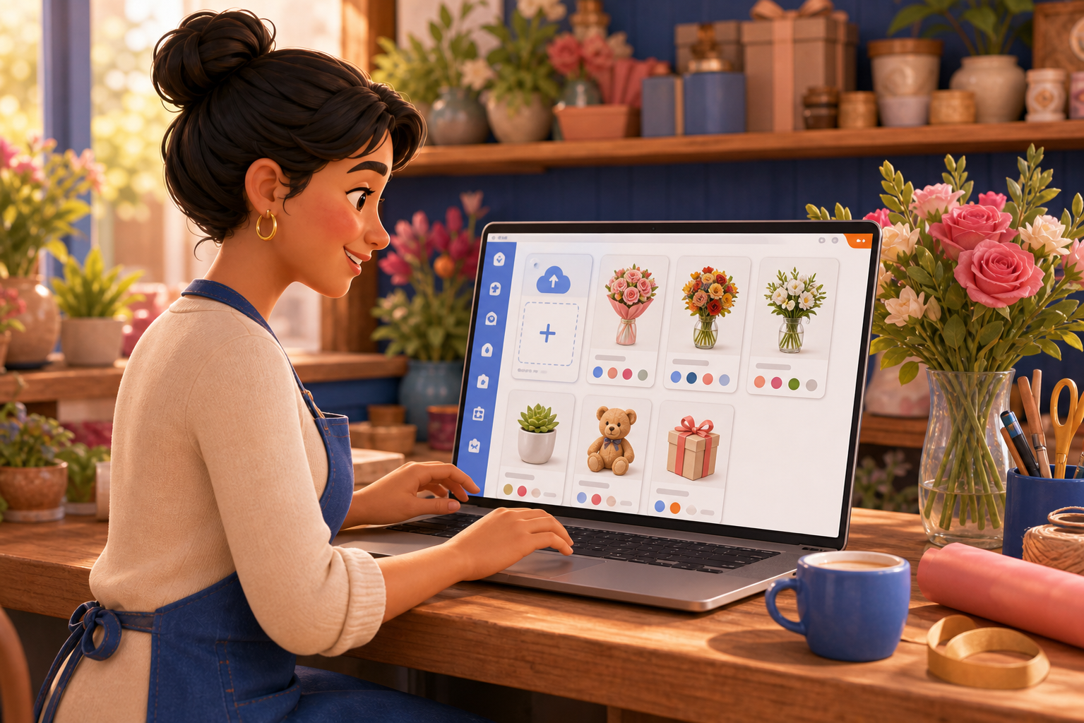 Dueña de una florería organizando productos en su catálogo digital