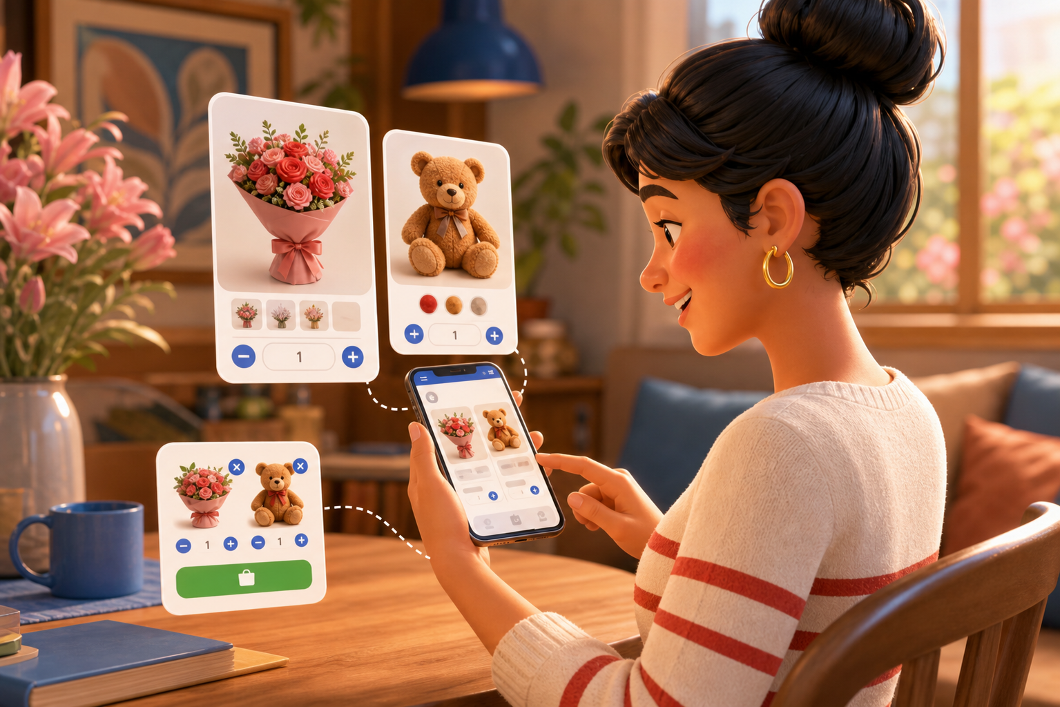 Clienta seleccionando productos y cantidades desde un catálogo móvil