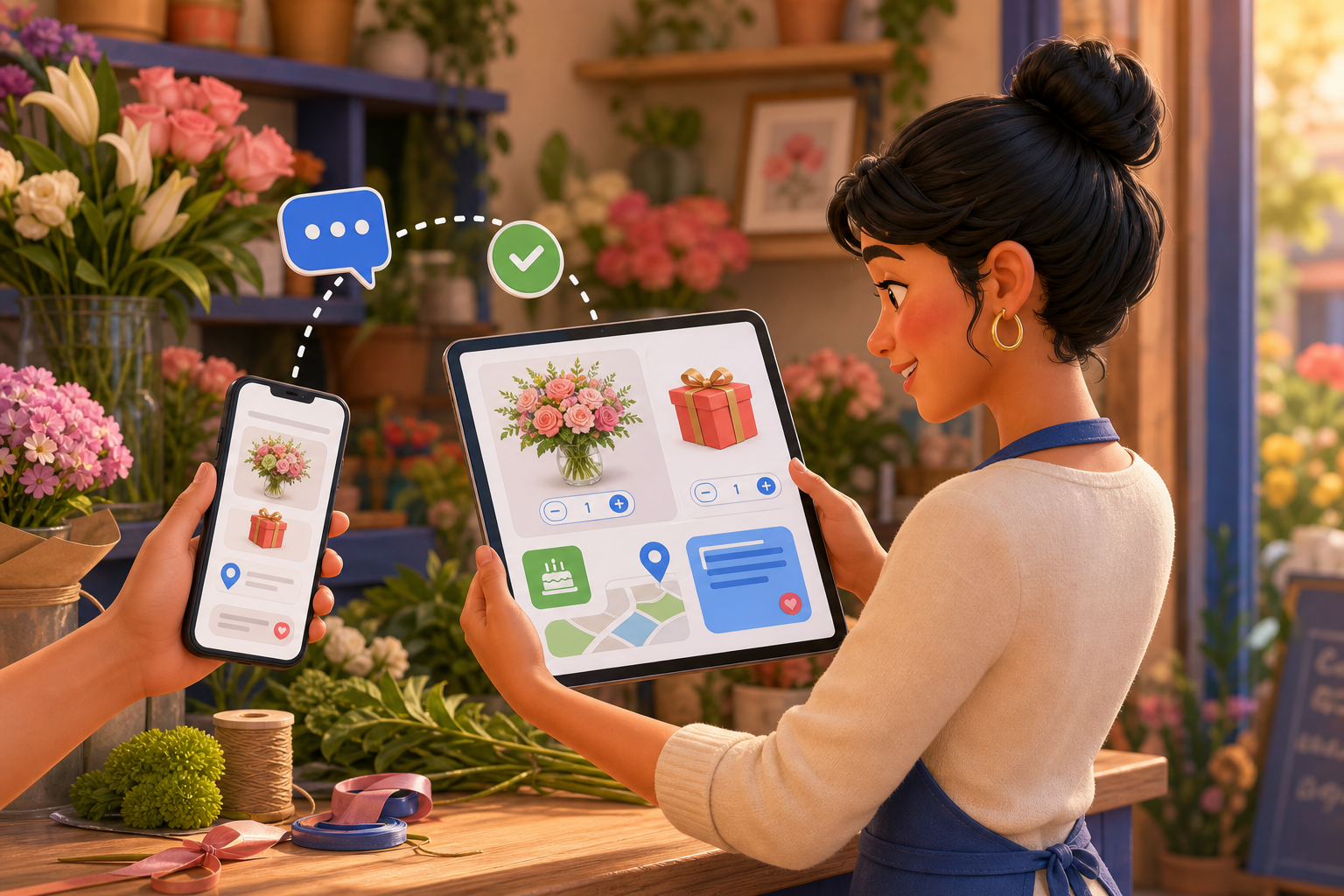 Florería recibiendo una solicitud de productos organizada en una tableta