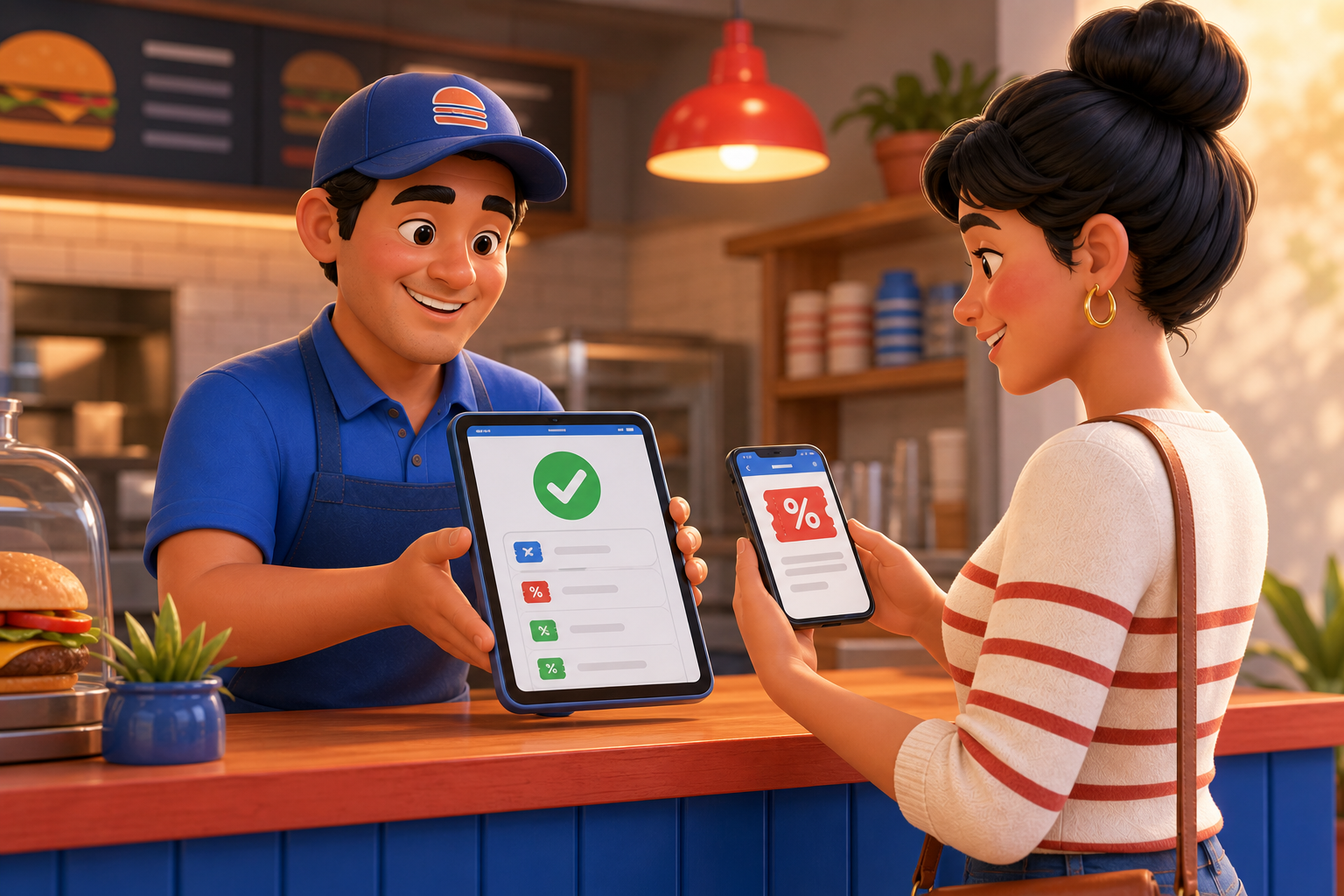 Empleado validando el canje de un cupón digital en una tableta