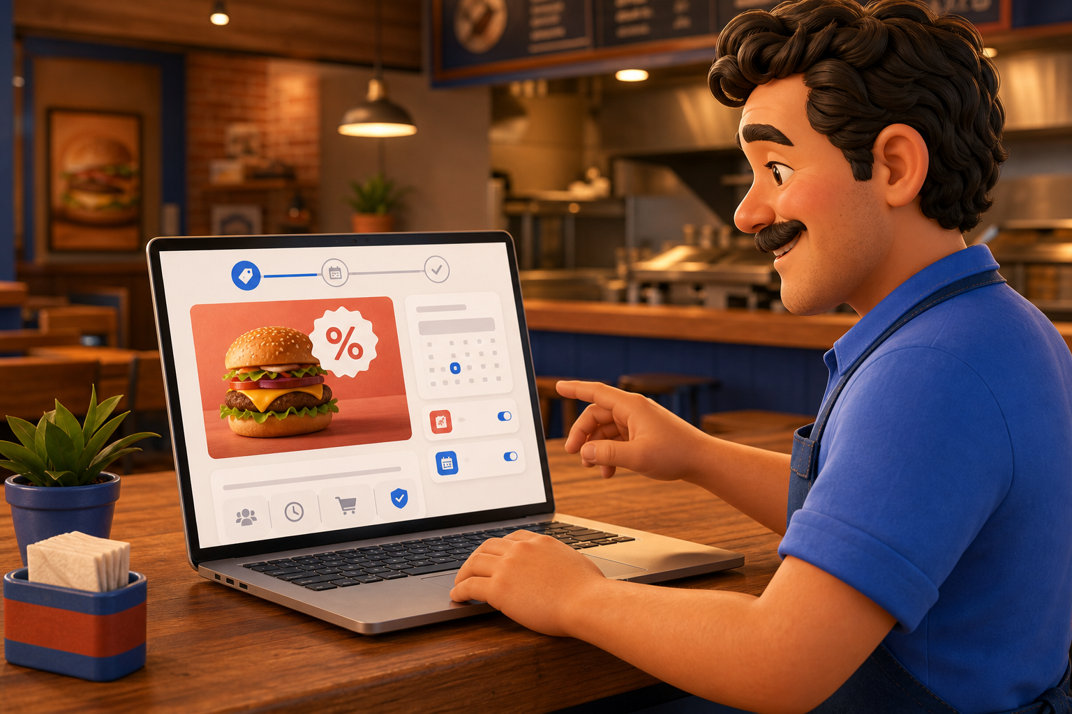 Dueño de una hamburguesería creando una promoción en su computadora