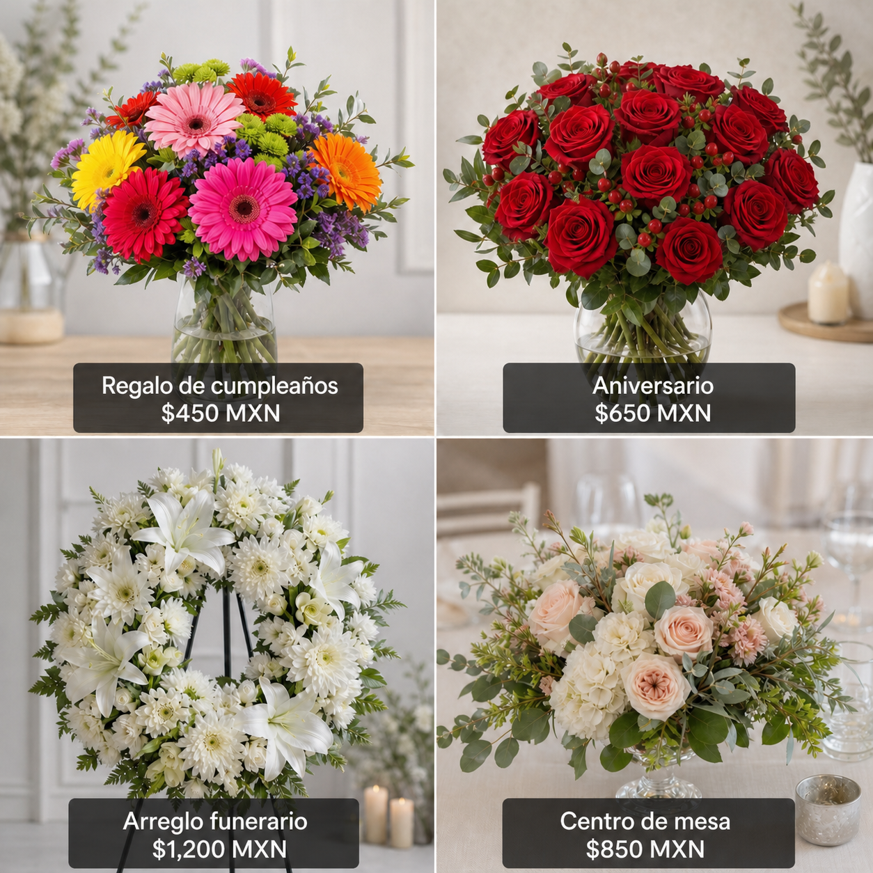 Catálogo de arreglos florales con precios de ejemplo