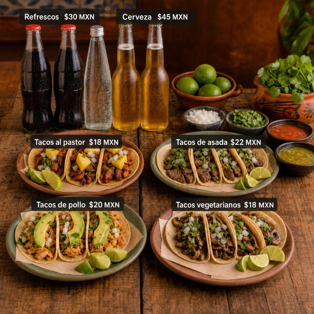 Menú de tacos, refrescos y cerveza con precios de ejemplo