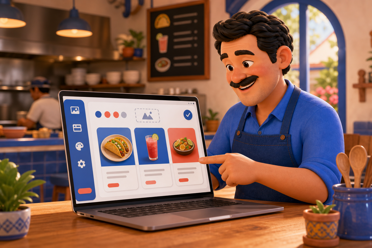 Dueño de un restaurante organizando su menú digital en una computadora