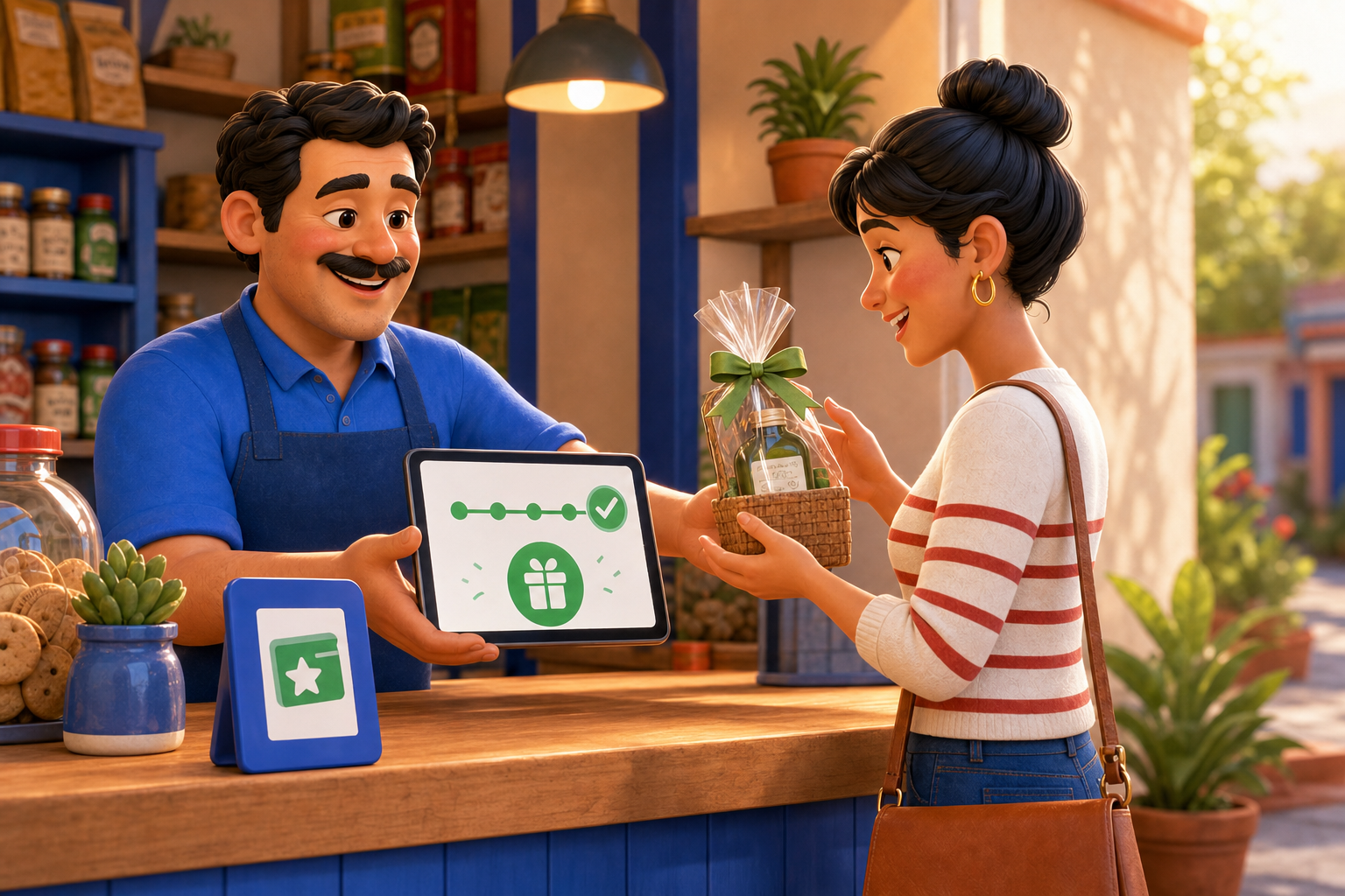 Comerciante entregando una recompensa después de validar los puntos de una clienta