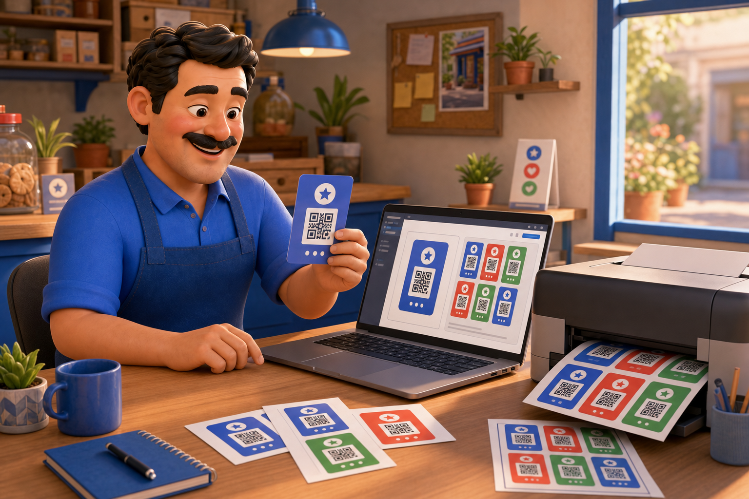 Comerciante preparando tarjetas de puntos personalizadas con códigos QR