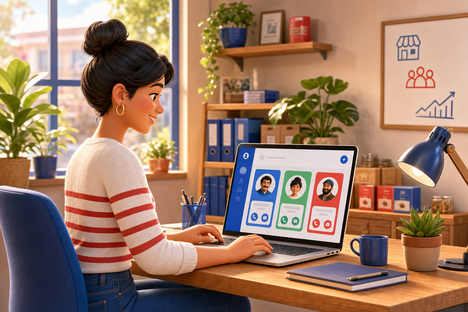 Dueña de un negocio configurando las tarjetas digitales de su equipo
