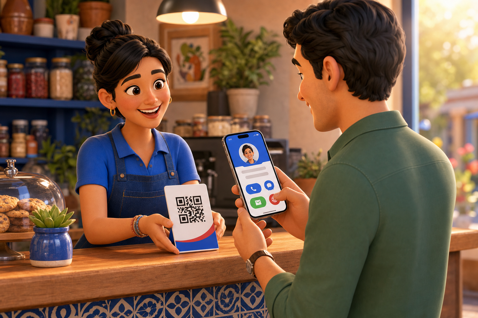 Cliente abriendo una tarjeta digital al escanear un código QR en un negocio